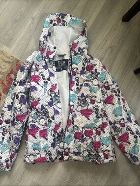 RIDE Snowboards White Puffer Jacket with Pink, Teal & Purple Diamond Print